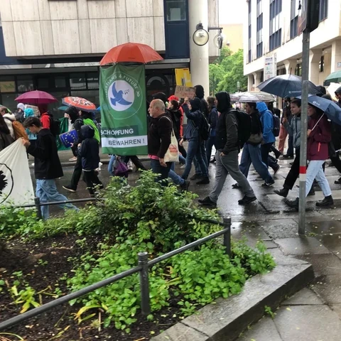 Große Gruppe laufender Menschen mit Regenschirm in einer Stadt. Eine C4F Flagge ist zu sehen.