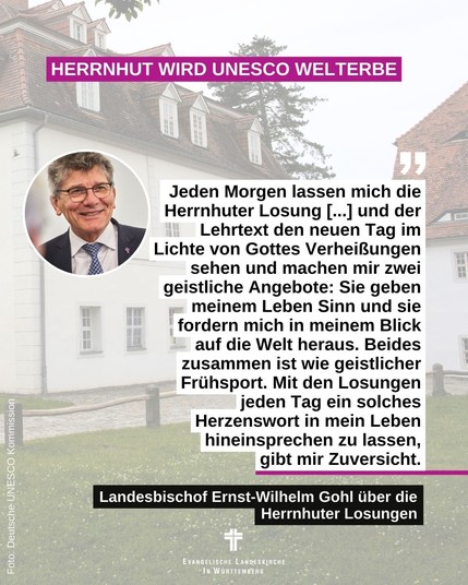 Das Bild zeigt ein Gebäude in Herrnhut, ein Bild von Landesbischof Ernst-Wilhelm Gohl und dazu den Text: Herrnhut wird UNESCO Welterbe - 