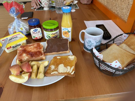 Veganer Brunch, mit Marmeladenbrot, Bionellabrot, Margarinetoast, Orangensaft und Cola Zero.