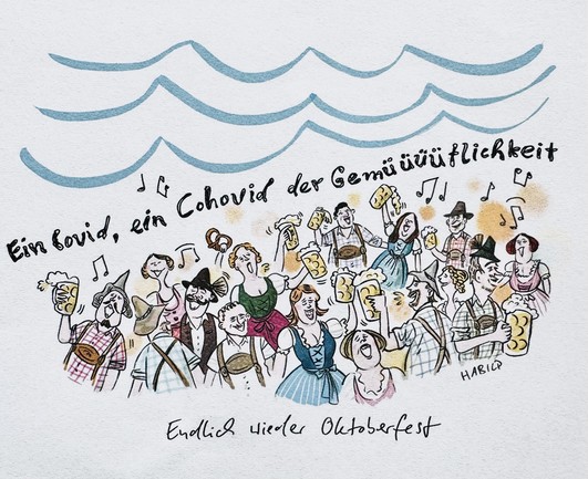 Karikatur, die eine lebhafte Gruppe von Menschen zeigt, die das Oktoberfest feiern. Figuren singen, halten Bierkrüge und tragen traditionelle bayerische Kleidung. Die Szene enthält Musiknoten und den Text 