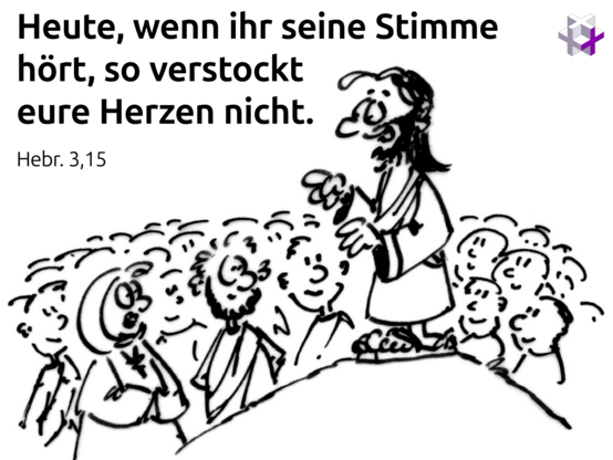 Tuscheskizze: ein bärtiger Jesus steht auf einem Hügel und redet; menschen hören ihm zu (Fundus.media, Judith Gebers)